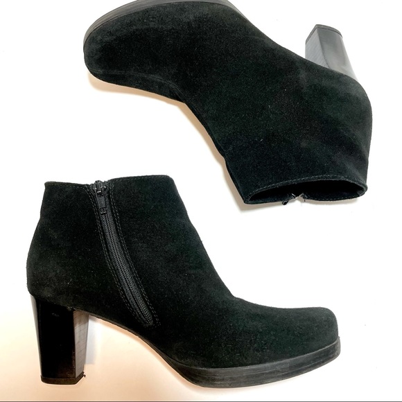 La Canadienne Oliver Waterproof Suede Bootie Black Ankle Boots Stacked Heel 7 - Picture 7 of 12